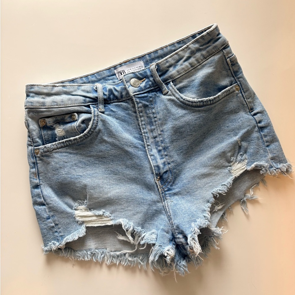 ZARA Light Blue Distressed Denim Shorts